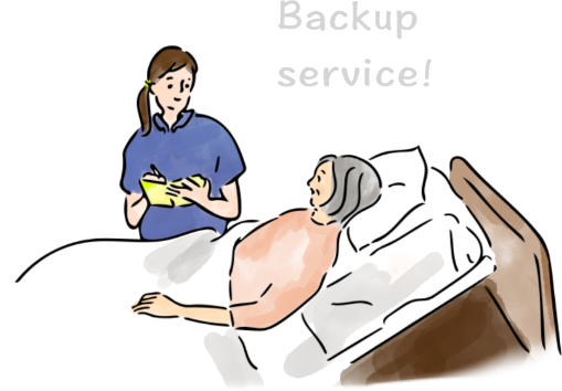 問い合わせする老人と応対するスタッフのイラスト