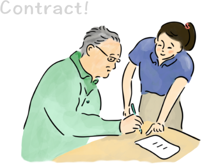 問い合わせする老人と応対するスタッフのイラスト